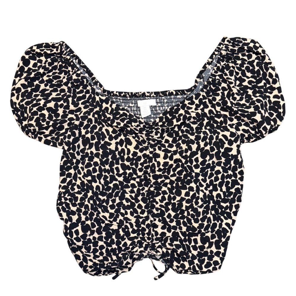 H&M Animal Print Puff Sleeve Crop Top Cinched Adjustable Tie Black Tan Large